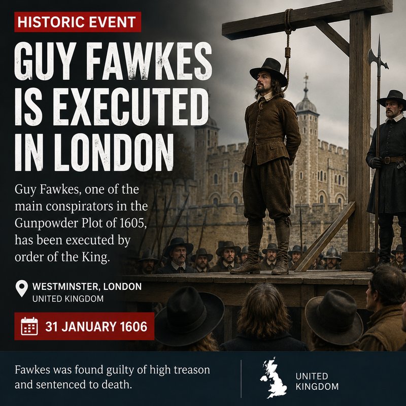Guy Fawkes is executed in London for his role in the Gunpowder Plot