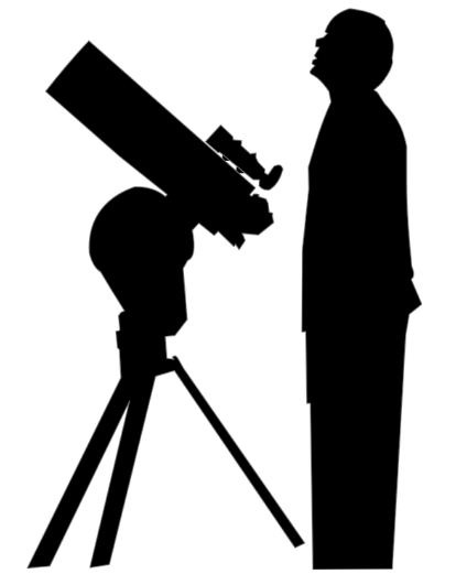 silhouette of a man looking up, telescope on a mount