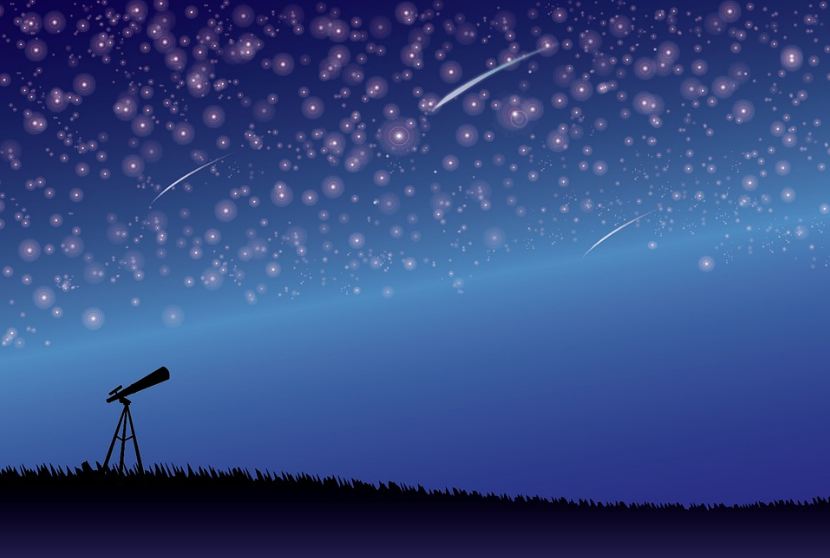 telescope on a mount, night sky, stars, grass, shooting stars