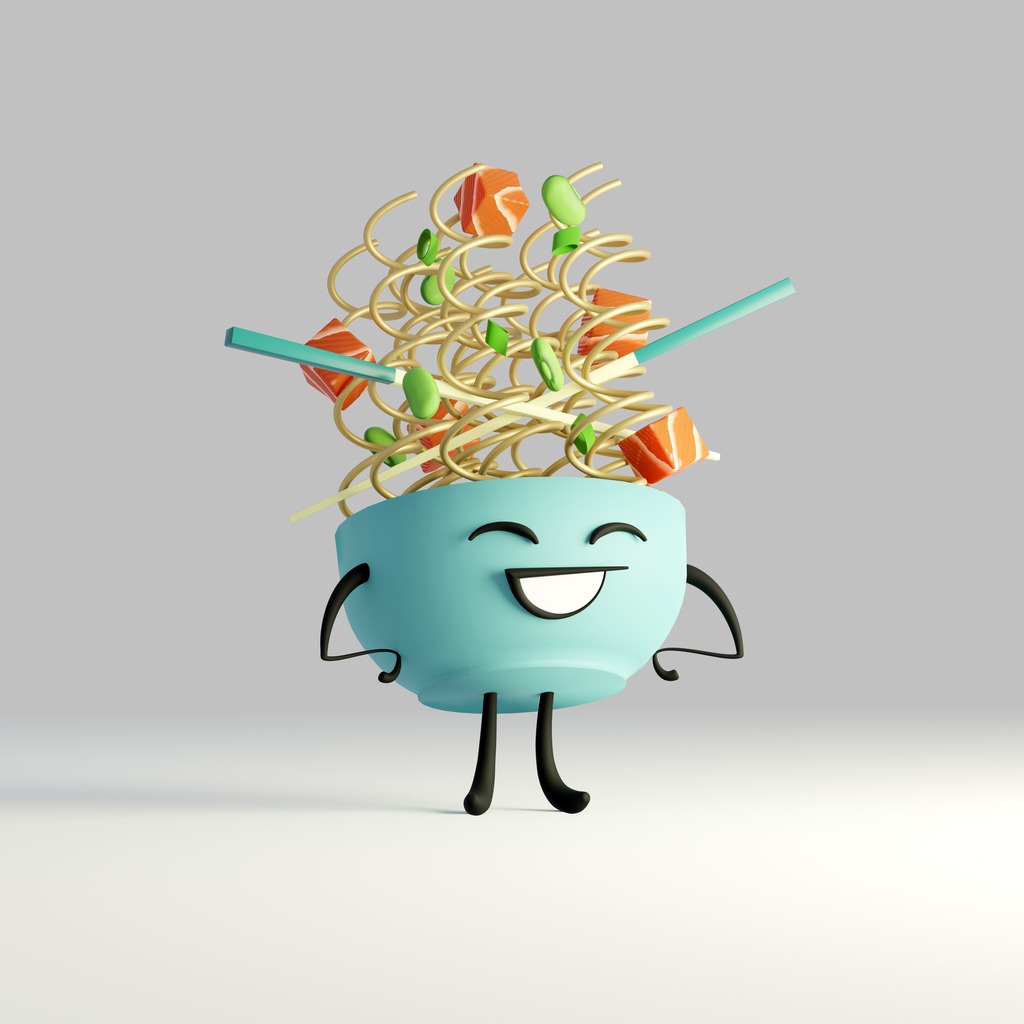 3D generated cute pic of a bowl of noodles. Cartoon kawaii Ramen Bowl. Asian food illustration