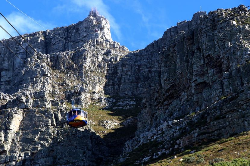 riding a cable car to get to the top of Table Mountain in Cape Town